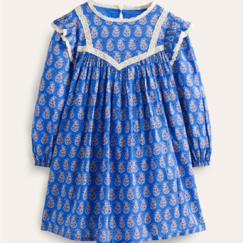 Mini Boden Blue Paisley Long Sleeve Dress with Lace Trim